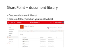 SharePoint – document library
• Create a document library
• Create a folder/solution you want to host
 