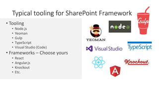 • Tooling
• Node.js
• Yeoman
• Gulp
• TypeScript
• Visual Studio (Code)
• Frameworks – Choose yours
• React
• Angular.js
• Knockout
• Etc.
Typical tooling for SharePoint Framework
 