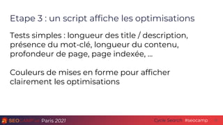 Paris 2021 #seocamp
Cycle Search 20
Etape 3 : un script affiche les optimisations
Tests simples : longueur des title / des...