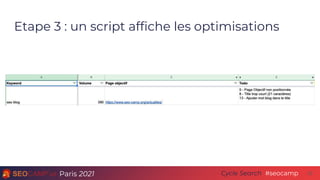 Paris 2021 #seocamp
Cycle Search 22
Etape 3 : un script affiche les optimisations
 