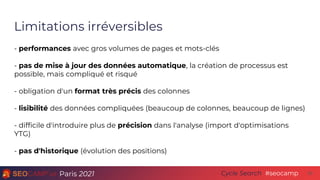 Paris 2021 #seocamp
Cycle Search 30
Limitations irréversibles
- performances avec gros volumes de pages et mots-clés
- pas...