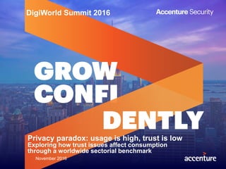 Copyright © 2016 Accenture. All rights reserved.
Privacy paradox: usage is high, trust is low
Exploring how trust issues affect consumption
through a worldwide sectorial benchmark
November 2016
DigiWorld Summit 2016
 