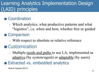 Learning Analytics Implementation Design
(LAID) principles
■  Coordination
–  Which analytics, what productive patterns and what
“logistics”, i.e. when and how, whether free or guided
■  Comparison
–  With respect to absolute or relative reference
■  Customization
–  Multiple needs and paths to use LA, implemented as
adaptive (by system/agent) or adaptable (by users)
■  Extracted vs. embedded analytics
14
Wise & Vytasek (2017)
 