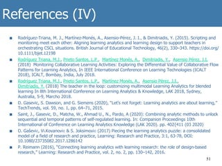 References (IV)
■  Rodríguez-Triana, M. J., Martínez-Monés, A., Asensio-Pérez, J. I., & Dimitriadis, Y. (2015). Scripting and
monitoring meet each other: Aligning learning analytics and learning design to support teachers in
orchestrating CSCL situations. British Journal of Educational Technology, 46(2), 330–343. https://doi.org/
10.1111/bjet.12198
■  Rodríguez Triana, M.J., Prieto Santos, L.P., Martínez Monés, A., Dimitriadis, Y., Asensio Pérez, J.I.
(2018) Monitoring Collaborative Learning Activities: Exploring the Differential Value of Collaborative Flow
Patterns for Learning Analytics, In IEEE International Conference on Learning Technologies (ICALT
2018), ICALT, Bombay, India, July 2018.
■  Rodríguez Triana, M.J., Prieto Santos, L.P., Martínez Monés, A., Asensio Pérez, J.I.,
Dimitriadis, Y. (2018) The teacher in the loop: customizing multimodal Learning Analytics for blended
learning In 8th International Conference on Learning Analytics & Knowledge, LAK 2018, Sydney,
Australia, 5-9, Marcho 2018.
■  D. Gasevic, S. Dawson, and G. Siemens (2020), “Let’s not forget: Learning analytics are about learning,”
TechTrends, vol. 59, no. 1, pp. 64–71, 2015.
■  Saint, J., Gasevic, D., Matcha, W., Ahmad U., N., Pardo, A (2020): Combining analytic methods to unlock
sequential and temporal patterns of self-regulated learning. In: Companion Proceedings 10th
International of Conference on Learning Analytics Knowledge (LAK 2020). pp. 402{411 (03 2020)
■  D. Gašević, Vi.Kovanović & S. Joksimović (2017) Piecing the learning analytics puzzle: a consolidated
model of a field of research and practice, Learning: Research and Practice, 3:1, 63-78, DOI:
10.1080/23735082.2017.1286142
■  P. Reimann (2016), “Connecting learning analytics with learning research: the role of design-based
research,” Learning: Research and Practice, vol. 2, no. 2, pp. 130–142, 2016.
51
 