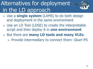Alternatives for deployment
in the LD approach
22
n Use a single system (LAMS) to do both design
and deployment in the same environment
n Use an LD Tool (LDSE) to create the interpretable
script and then deploy it in one environment
n But there are many LD tools and many VLEs:
n Provide intermediary to connect them: Glue!-PS
 
