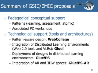 Summary of GSIC/EMIC proposals
Pedagogical conceptual support
– Patterns (learning, assessment, atomic)
– Associated PD workshops
Technological support (tools and architectures)
– Pattern-aware design: WebCollage
– Integration of Distributed Learning Environments
(Web 2.0 tools and VLEs): Glue!
– Deployment of designs in distributed learning
environments: Glue!PS
– Integration of AR and 3DW spaces: Glue!PS-AR
29
 