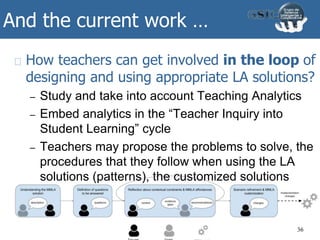 And the current work …
How teachers can get involved in the loop of
designing and using appropriate LA solutions?
– Study and take into account Teaching Analytics
– Embed analytics in the “Teacher Inquiry into
Student Learning” cycle
– Teachers may propose the problems to solve, the
procedures that they follow when using the LA
solutions (patterns), the customized solutions
36
 
