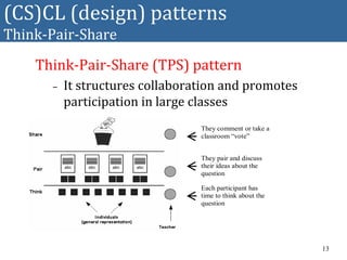 (CS)CL (design) patterns
Think-Pair-Share
Think-Pair-Share (TPS) pattern
– It structures collaboration and promotes
participation in large classes
They comment or take a
classroom “vote”
They pair and discuss
their ideas about the
question
Each participant has
time to think about the
question
13
 