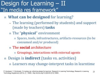 Design for Learning – II
“In media res framework”
n What can be designed for learning?
– The learning (performed by students) and support
(made by teachers) tasks
n The “physical” environment
n Spaces, tools, infrastructures, artifacts-resources (to be
consumed and/or produced)
n The social architecture
n Groupings, interactions with external agents
n Design is indirect (tasks vs. activities)
n Learners may change-interpret tasks in learntime
23
P. Goodyear, Y. Dimitriadis, “In medias res: reframing design for learning”, Research in Learning Technology, Research in Learning
Technology Supplement (2013); 21: 19909 - http://dx.doi.org/10.3402/rlt.v21i0.19909 .
 