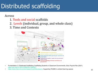 Distributed scaffolding
43
• Puntambekar, S. Distributed Scaffolding: Scaffolding Students in Classroom Environments. Educ Psychol Rev (2021).
https://doi.org/10.1007/s10648-021-09636-3
• https://www.imec-int.com/en/research-portfolio/steams: Supporting TEAMS in ambient learning spaces
Across
1. Tools and social scaffolds
2. Levels (individual, group, and whole class)
3. Time and Contexts
 