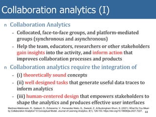 Collaboration analytics (I)
n Collaboration Analytics
– Collocated, face-to-face groups, and platform-mediated
groups (synchronous and asynchronous)
– Help the team, educators, researchers or other stakeholders
gain insights into the activity, and inform action that
improves collaboration processes and products
n Collaboration analytics require the integration of
– (i) theoretically sound concepts
– (ii) well designed tasks that generate useful data traces to
inform analytics
– (iii) human-centered design that empowers stakeholders to
shape the analytics and produces effective user interfaces
44
Martinez-Maldonado, R., Gašević, D., Echeverria, V., Fernandez Nieto, G., Swiecki, Z., & Buckingham Shum, S. (2021). What Do You Mean
by Collaboration Analytics? A Conceptual Model. Journal of Learning Analytics, 8(1), 126-153. https://doi.org/10.18608/jla.2021.7227.
 