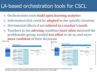 LA-based orchestration tools for CSCL
Cristina Villa-Torrano
Examining the relationship between groups’ engagement within
SSRL Docs and performance
51
n Orchestration tools build upon learning analytics
n Information that could be adapted to the specific situation
n Detrimental effects if not tailored to a teacher’s needs
n Teachers in the advising condition more often detected the
problematic group, needed less effort to do so, and were
more confident of their decisions
Anouschka van Leeuwen, Nikol Rummel. 2020. Comparing Teachers’ Us of Mirroring and Advising Dashboards. In Proceedings of the 10th
International Conference on Learning Analytics & Knowledge (LAK’20). ACM, New York, NY, USA, X pages.
 