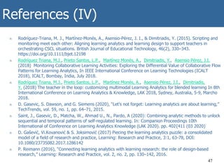 References (IV)
n Rodríguez-Triana, M. J., Martínez-Monés, A., Asensio-Pérez, J. I., & Dimitriadis, Y. (2015). Scripting and
monitoring meet each other: Aligning learning analytics and learning design to support teachers in
orchestrating CSCL situations. British Journal of Educational Technology, 46(2), 330–343.
https://doi.org/10.1111/bjet.12198
n Rodríguez Triana, M.J., Prieto Santos, L.P., Martínez Monés, A., Dimitriadis, Y., Asensio Pérez, J.I.
(2018) Monitoring Collaborative Learning Activities: Exploring the Differential Value of Collaborative Flow
Patterns for Learning Analytics, In IEEE International Conference on Learning Technologies (ICALT
2018), ICALT, Bombay, India, July 2018.
n Rodríguez Triana, M.J., Prieto Santos, L.P., Martínez Monés, A., Asensio Pérez, J.I., Dimitriadis,
Y. (2018) The teacher in the loop: customizing multimodal Learning Analytics for blended learning In 8th
International Conference on Learning Analytics & Knowledge, LAK 2018, Sydney, Australia, 5-9, Marcho
2018.
n D. Gasevic, S. Dawson, and G. Siemens (2020), “Let’s not forget: Learning analytics are about learning,”
TechTrends, vol. 59, no. 1, pp. 64–71, 2015.
n Saint, J., Gasevic, D., Matcha, W., Ahmad U., N., Pardo, A (2020): Combining analytic methods to unlock
sequential and temporal patterns of self-regulated learning. In: Companion Proceedings 10th
International of Conference on Learning Analytics Knowledge (LAK 2020). pp. 402{411 (03 2020)
n D. Gašević, Vi.Kovanović & S. Joksimović (2017) Piecing the learning analytics puzzle: a consolidated
model of a field of research and practice, Learning: Research and Practice, 3:1, 63-78, DOI:
10.1080/23735082.2017.1286142
n P. Reimann (2016), “Connecting learning analytics with learning research: the role of design-based
research,” Learning: Research and Practice, vol. 2, no. 2, pp. 130–142, 2016.
47
 