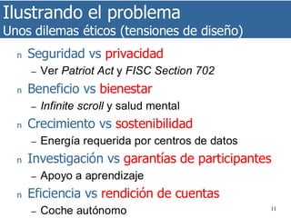 Ilustrando el problema
Unos dilemas éticos (tensiones de diseño)
11
n Seguridad vs privacidad
– Ver Patriot Act y FISC Section 702
n Beneficio vs bienestar
– Infinite scroll y salud mental
n Crecimiento vs sostenibilidad
– Energía requerida por centros de datos
n Investigación vs garantías de participantes
– Apoyo a aprendizaje
n Eficiencia vs rendición de cuentas
– Coche autónomo
 