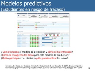 Modelos predictivos
(Estudiantes en riesgo de fracaso)
12
Herodotou, C.; Hlosta, M.; Boroowa, Avinash; R., Bart; Zdrahal, Z. and Mangafa, C. (2019). Empowering online
teachers through predictive learning analytics. British Journal of Educational Technology, 50(6) pp. 3064–3079.
¿Cómo funciona el modelo de predicción y cómo se ha entrenado?
¿Cómo se recogieron los datos para este modelo de predicción?
¿Quién participó en su diseño y quién puede utilizar los datos?
 