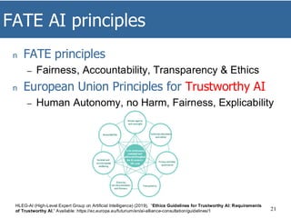 FATE AI principles
n FATE principles
– Fairness, Accountability, Transparency & Ethics
n European Union Principles for Trustworthy AI
– Human Autonomy, no Harm, Fairness, Explicability
21
HLEG-AI (High-Level Expert Group on Artificial Intelligence) (2019), “Ethics Guidelines for Trustworthy AI: Requirements
of Trustworthy AI,” Available: https://ec.europa.eu/futurium/en/ai-alliance-consultation/guidelines/1
 