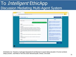 To Intelligent EthicApp
Discussion Mediating Multi-Agent System
36
Dimitriadis et al. “Towards a multi-agent Generative AI architecture to support ethics education: A human-centered
design process”, Submitted to Tech-Edu 2026, Alexandroupolis, Greece, June 2026.
 
