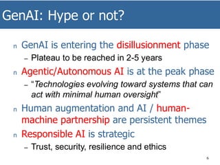 GenAI: Hype or not?
6
n GenAI is entering the disillusionment phase
– Plateau to be reached in 2-5 years
n Agentic/Autonomous AI is at the peak phase
– “Technologies evolving toward systems that can
act with minimal human oversight”
n Human augmentation and AI / human-
machine partnership are persistent themes
n Responsible AI is strategic
– Trust, security, resilience and ethics
 