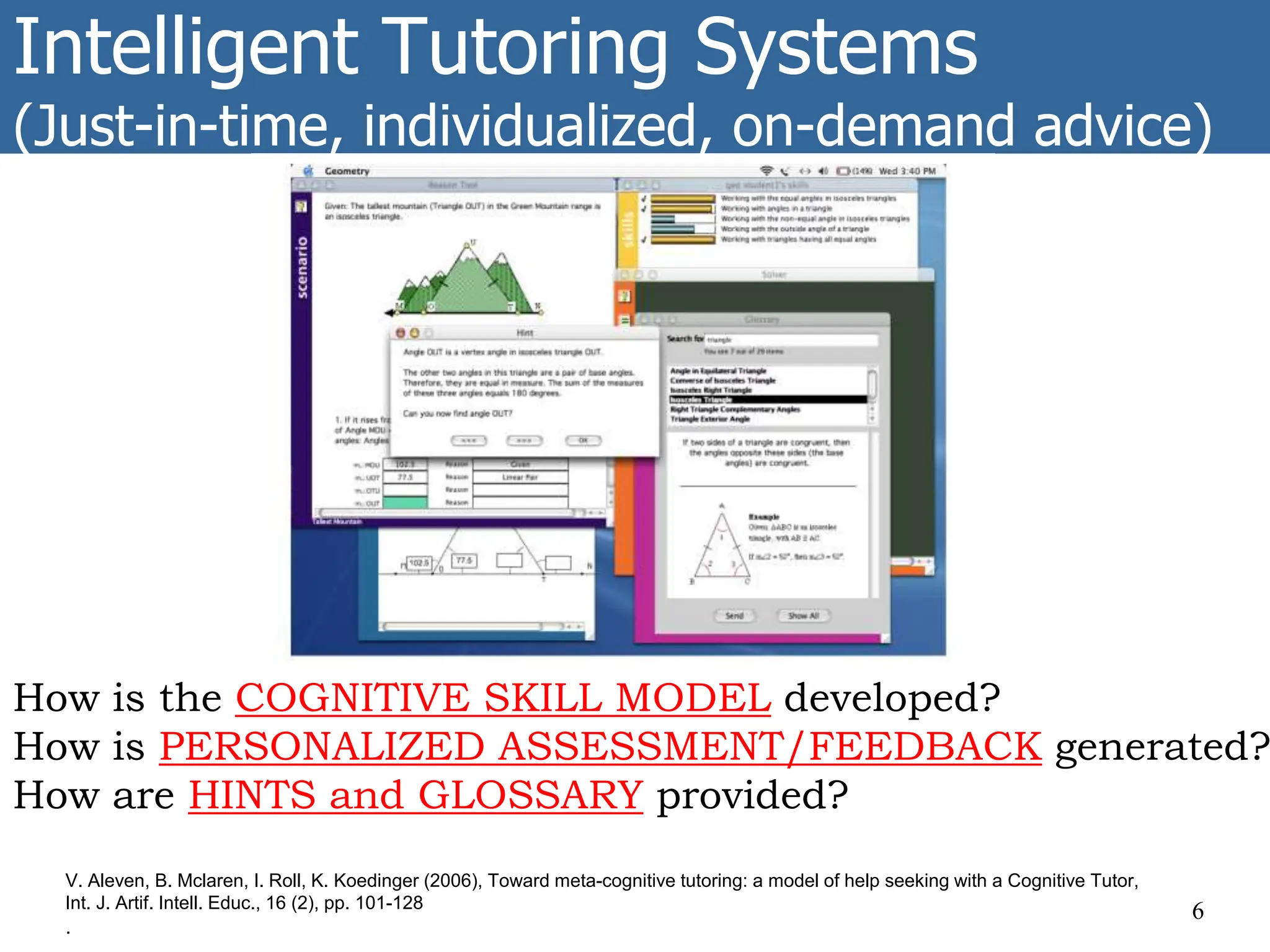 Intelligent Tutoring Systems
(Just-in-time, individualized, on-demand advice)
6
V. Aleven, B. Mclaren, I. Roll, K. Koedinger (2006), Toward meta-cognitive tutoring: a model of help seeking with a Cognitive Tutor,
Int. J. Artif. Intell. Educ., 16 (2), pp. 101-128
.
How is the COGNITIVE SKILL MODEL developed?
How is PERSONALIZED ASSESSMENT/FEEDBACK generated?
How are HINTS and GLOSSARY provided?
 
