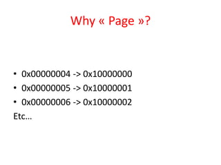 Why « Page »?
• 0x00000004 -> 0x10000000
• 0x00000005 -> 0x10000001
• 0x00000006 -> 0x10000002
Etc…
 