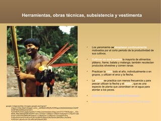 Herramientas, obras técnicas, subsistencia y vestimenta Los yanomamis s e  desplazan continuamente  motivados por el corto periodo de la productividad de sus cultivos.  Cultivan en sus huertos  la mayoría de alimentos: plátano, ñame, batata y malanga; también recolectan productos silvestres y comen ranas. Practican la  caza  todo el año, individualmente o en grupos, y utilizan el arco y la flecha.  La  pesca  se practica con menos frecuencia y para pescar utilizan la flecha y el  timbó , que es una especie de planta que zarandean en el agua para atontar a los peces. http://es.wikipedia.org/wiki/Yanomami http://www.youtube.com/watch?v=xJY0OTM-wXM google imágeneshttp://images.google.es/imgres?imgurl=http://bp0.blogger.com/__oSPdb4mlPQ/RuFSP9IqpvI/AAAAAAAAAjA/14dHPDxWYWU/s400/yanomami%255B2%255D.jpg&imgrefurl=http://venezolano.blog.com/2717740/&usg=__YZc-WZN_RNov8AQgtHdE3klsPIY=&h=337&w=336&sz=26&hl=es&start=17&um=1&tbnid=yQSx05boNfPazM:&tbnh=119&tbnw=119&prev=/images%3Fq%3Dyanomamis%26um%3D1%26hl%3Des%26client%3Dfirefox-a%26rls%3Dcom.ubuntu:en-US:official%26sa%3DG 