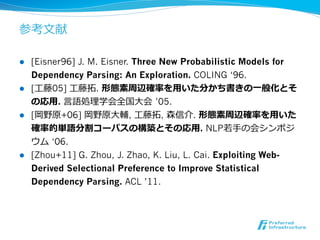 ?

l?? [Eisner96] J. M. Eisner. Three New Probabilistic Models for
    Dependency Parsing: An Exploration. COLING 96.
l?? [? 05] ?     .                  ?                 ?һ
        ?. ?                ? 05.
l?? [      +06]        ? , ?     ,       .                 ?
                                          ?. NLP ?
         06.
l?? [Zhou+11] G. Zhou, J. Zhao, K. Liu, L. Cai. Exploiting Web-
    Derived Selectional Preference to Improve Statistical
    Dependency Parsing. ACL 11.
 