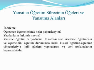 Yansıtıcı Öğretim Sürecinin Öğeleri ve
Yansıtma Alanları
İnceleme:
Öğretmen-öğrenci olarak neler yapmaktayım?
Yapılanların farkında mıyım?
Yansıtıcı öğretim periyodunun ilk safhası olan inceleme, öğretmenin
ve öğrencinin, öğretim durumunda kendi kişisel öğretme-öğrenme
yöntemleriyle ilgili gözlem yapmalarını ve veri toplamalarını
kapsamaktadır.
 