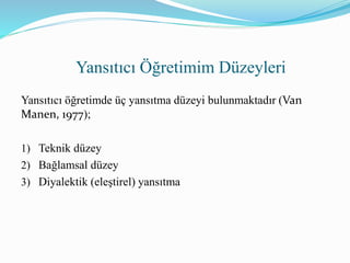 Yansıtıcı öğretimde üç yansıtma düzeyi bulunmaktadır (Van
Manen, 1977);
1) Teknik düzey
2) Bağlamsal düzey
3) Diyalektik (eleştirel) yansıtma
Yansıtıcı Öğretimim Düzeyleri
 