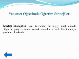 Yansıtıcı Öğretimde Öğretim Stratejileri
İşbirliği Stratejileri: Yeni kavranılan bir bilgiyi idrak etmede
bilgilerin geçiş vermesine olanak vermekte ve açık fikirli olmaya
yardımcı olmaktadır.
 