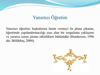 Yansıtıcı öğretim; başkalarına önem vermeyi ön plana çıkaran,
öğretimde yapılandırmacılığı esas alan bir sorgulama yaklaşımı
ve yaratıcı sorun çözme etkinlikleri bütünüdür (Henderson, 1996
akt. Bölükbaş, 2004).
Yansıtıcı Öğretim
 