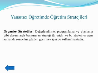 Yansıtıcı Öğretimde Öğretim Stratejileri
Organize Stratejiler: Değerlendirme, programlama ve planlama
gibi durumlarda başvurulan strateji türleridir ve bu stratejiler aynı
zamanda sonuçları gözden geçirmek için de kullanılmaktadır.
 