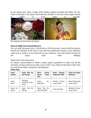 38
As per pooja room Vastu, images which display negative energies like death, war, etc.
shall not be kept in this place. Avoid placing a dustbin in the area. Place copper vessels
to collect as much water as possible.
No negative accessories to be placed
Areas to Align Your Sacred Room In
You can align the pooja room in the kitchen or the living room. Ensure that the direction
should be northeast of the home. If you feel like building the mandir in your bedroom,
make sure to install it in the north-east of your bedroom. Your feet should not point to
the pooja room while sleeping.
Pooja room in the living room
It's always recommended to follow a Vastu expert’s guidelines to make sure all the
intricacies of Vastu Shastra are taken care of. Still, if you follow all the above Vastu Tips,
you will attract health, prosperity, and happiness.
Vastu Tips
Vastu
Shastra
Vastu Plan for
East Facing
West Facing
House Vastu
Plan
Griha Pravesh
Muhurat in 2021
Vastu for Couple
Bedroom
Vastu
Dosh
Sleeping
Direction as per
Vastu
Vastu for
Bathroom
Kitchen Colour
as per Vastu
Mirror Placement
as per Vastu
Vastu for
Home
Vastu Tips for
Money
Vastu Tips for
Career Growth
Vastu Pyramid
Bedroom Colour
as per Vastu
 