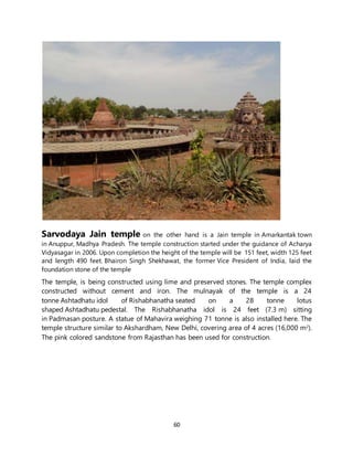 60
Sarvodaya Jain temple on the other hand is a Jain temple in Amarkantak town
in Anuppur, Madhya Pradesh. The temple construction started under the guidance of Acharya
Vidyasagar in 2006. Upon completion the height of the temple will be 151 feet, width 125 feet
and length 490 feet. Bhairon Singh Shekhawat, the former Vice President of India, laid the
foundation stone of the temple
The temple, is being constructed using lime and preserved stones. The temple complex
constructed without cement and iron. The mulnayak of the temple is a 24
tonne Ashtadhatu idol of Rishabhanatha seated on a 28 tonne lotus
shaped Ashtadhatu pedestal. The Rishabhanatha idol is 24 feet (7.3 m) sitting
in Padmasan posture. A statue of Mahavira weighing 71 tonne is also installed here. The
temple structure similar to Akshardham, New Delhi, covering area of 4 acres (16,000 m2
).
The pink colored sandstone from Rajasthan has been used for construction.
 