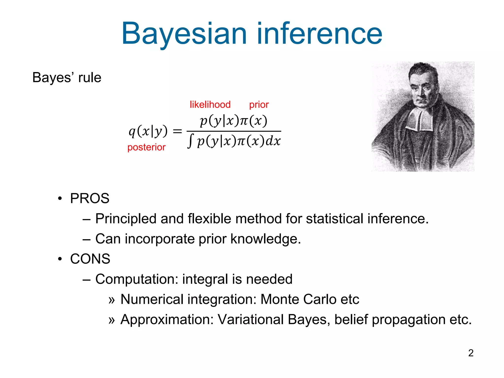 Bayesian inference
Bayes’ rule
• PROS
– Principled and flexible method for statistical inference.
– Can incorporate prior knowledge.
• CONS
– Computation: integral is needed
» Numerical integration: Monte Carlo etc
» Approximation: Variational Bayes, belief propagation etc.
2
𝑞 𝑥 𝑦 =
𝑝 𝑦 𝑥 𝜋(𝑥)
𝑝 𝑦 𝑥 𝜋 𝑥 𝑑𝑥posterior
likelihood prior
 