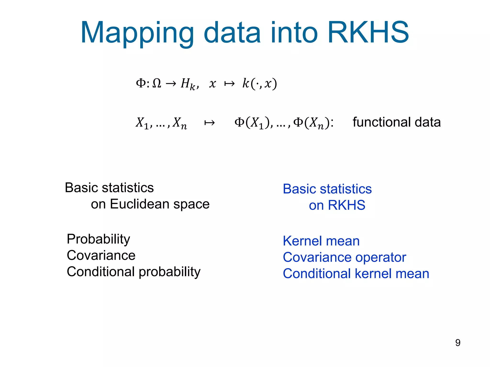 Mapping data into RKHS
9
Φ: Ω → 𝐻 𝑘, 𝑥 ↦ 𝑘(⋅, 𝑥)
𝑋1, … , 𝑋 𝑛 ↦ Φ 𝑋1 , … , Φ(𝑋 𝑛): functional data
Basic statistics
on Euclidean space
Basic statistics
on RKHS
Probability
Covariance
Conditional probability
Kernel mean
Covariance operator
Conditional kernel mean
 