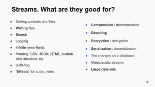 Streams. What are they good for?
● Getting contents of a files
● Writing files
● Search
● Logging
● Infinite news-feeds
● Parsing: CSV, JSON, HTML, custom
data structure, etc
● Buffering
● "Effects" for audio, video
17
● Compression / decompression
● Decoding
● Encryption / decryption
● Serialization / deserialization
● The changes on a database
● Video/audio streams
● Large data sets
 