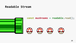 Readable Stream
28
const mushrooms = readable.read();
 