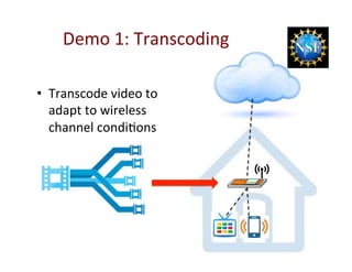•  Transcode(video(to(
adapt(to(wireless(
channel(condiDons(
Demo(1:(Transcoding(
 
