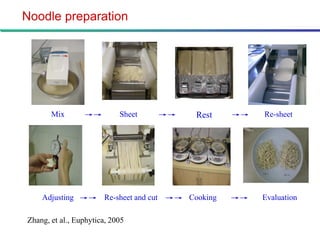 Noodle preparation




       Mix       →→         Sheet   →→   Rest   →→   Re-sheet




    Adjusting →→ Re-sheet and cut →→ Cooking    →→   Evaluation

Zhang, et al., Euphytica, 2005
 