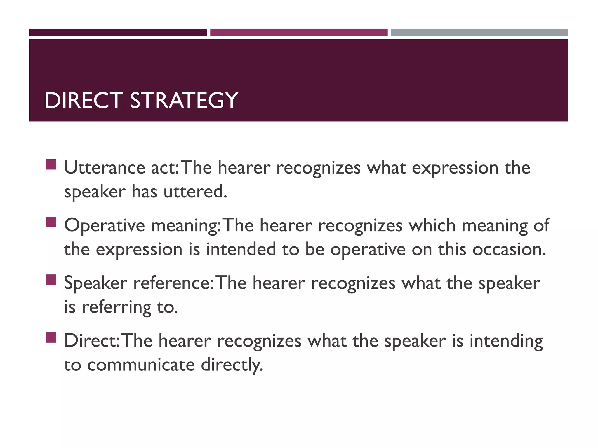 DIRECT STRATEGY
 Utterance act:The hearer recognizes what expression the
speaker has uttered.
 Operative meaning:The hearer recognizes which meaning of
the expression is intended to be operative on this occasion.
 Speaker reference:The hearer recognizes what the speaker
is referring to.
 Direct:The hearer recognizes what the speaker is intending
to communicate directly.
 