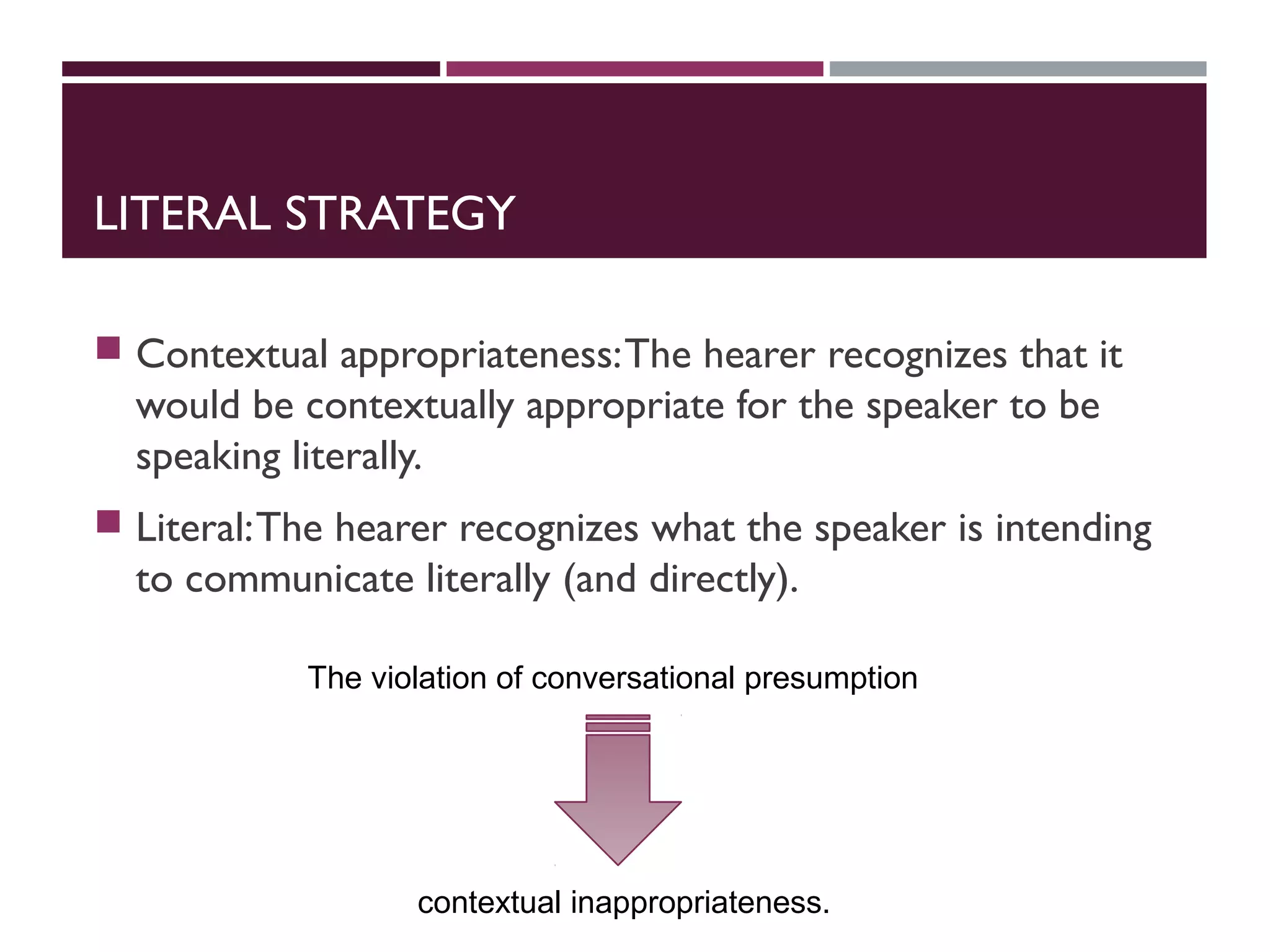 LITERAL STRATEGY
 Contextual appropriateness:The hearer recognizes that it
would be contextually appropriate for the speaker to be
speaking literally.
 Literal:The hearer recognizes what the speaker is intending
to communicate literally (and directly).
The violation of conversational presumption
contextual inappropriateness.
 