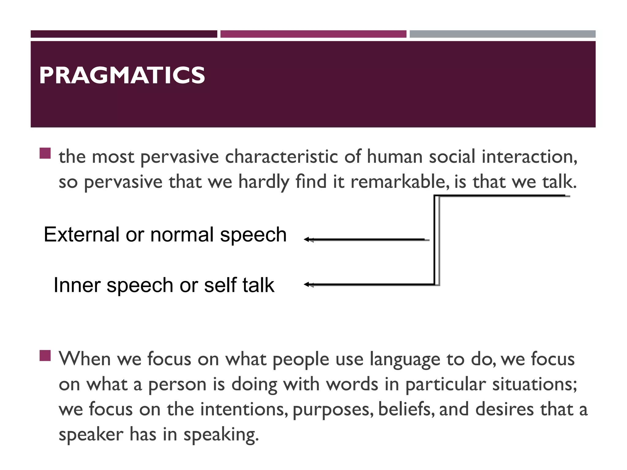 PRAGMATICS
 the most pervasive characteristic of human social interaction,
so pervasive that we hardly ﬁnd it remarkable, is that we talk.
 When we focus on what people use language to do, we focus
on what a person is doing with words in particular situations;
we focus on the intentions, purposes, beliefs, and desires that a
speaker has in speaking.
Inner speech or self talk
External or normal speech
 
