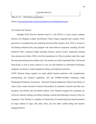 44

specialty abrasives
Table 4.1.4-1: ATI facilities and products.
(Source: http://www.atimetals.com/businesses/business-units/Pages/default.aspx )

Two Global Joint Ventures
Shanghai STAL Precision Stainless Steel Co., Ltd (STAL) is a joint venture company
between ATI Allegheny Ludlum and Baosteel, China’s largest integrated steel company. STAL
specializes in manufacturing and marketing precision-rolled stainless strip. STAL is located in
Xin-Zhuang Industrial Zone and equipped with state-of-the-art equipment, including 20-roller
Sendzimir mills, continuous bright annealing furnaces, tension levelers, degreasing cleaning
lines and precision slitters. STAL is the first manufacturer in China to produce super thin, super
flat and super hard precision stainless steel. The products are sold to mainland China, Taiwan and
Hong Kong, as well as many countries in Asia, for such industries as information technology,
computers, automotive, medical equipment, tubing, semiconductors and more.
UNITI Titanium brings together two major global titanium producers with complimentary
manufacturing and technical capabilities: ATI and VSMPO-AVISMA (Verkhnaya Salda
Metallurgical Production Association – Berezniki Titanium-Magnesium Works) from Russia, to
create a joint venture focused on titanium mill products for industrial, consumer and other nonaerospace, non-military and non-medical markets. Uniti Titanium integrates the synergistic use
of the raw material, melting, hot rolling, finishing, research and technology resources of the two
companies. Uniti Titanium is a supplier of a broad array of commercially pure titanium products
for target markets in ingot, slab, plate, sheet, coil, bar, billet, welded tubing and seamless
tubing(ATI,2013).

 