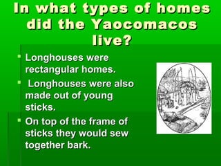 In what types of homesIn what types of homes
did the Yaocomacosdid the Yaocomacos
live?live?
 Longhouses wereLonghouses were
rectangular homes.rectangular homes.
 Longhouses were alsoLonghouses were also
made out of youngmade out of young
sticks.sticks.
 On top of the frame ofOn top of the frame of
sticks they would sewsticks they would sew
together bark.together bark.
 