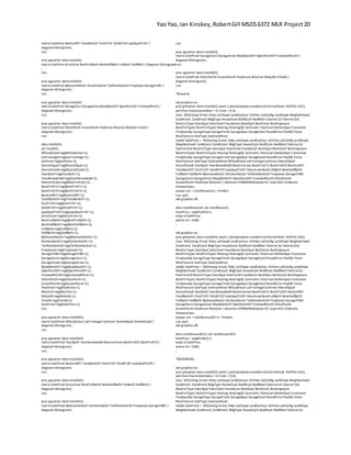 Yao Yao, Ian Kinskey,RobertGill MSDS6372 MLR Project 20
matrix SalePrice BsmtUnfSF TotalBsmtSF X1stFlrSF X2ndFlrSF LowQualFinSF /
diagonal=(histogram) ;
run;
proc sgscatter data=totalfull;
matrix SalePrice GrLivArea BsmtFullBath BsmtHalfBath FullBath HalfBath / diagonal=(histogram)
;
run;
proc sgscatter data=totalfull;
matrix SalePrice BedroomAbvGr KitchenAbvGr TotRmsAbvGrd Fireplaces GarageYrBlt /
diagonal=(histogram) ;
run;
proc sgscatter data=totalfull;
matrix SalePrice GarageCars GarageAreaWoodDeckSF OpenPorchSF EnclosedPorch /
diagonal=(histogram) ;
run;
proc sgscatter data=totalfull;
matrix SalePrice X3SsnPorch ScreenPorch PoolArea MiscVal MoSold YrSold /
diagonal=(histogram) ;
run;
data totalfull2;
set totalfull;
MSSubClassl=log(MSSubClass+1);
LotFrontagel=log(LotFrontage+1);
LotAreal=log(LotArea+1);
OverallQuall=log(OverallQual+1);
OverallCondl=log(OverallCond+1);
YearBuiltl=log(YearBuilt+1);
YearRemodAddl=log(YearRemodAdd+1);
MasVnrAreal=log(MasVnrArea+1);
BsmtFinSF1l=log(BsmtFinSF1+1);
BsmtFinSF2l=log(BsmtFinSF2+1);
BsmtUnfSFl=log(BsmtUnfSF+1);
TotalBsmtSFl=log(TotalBsmtSF+1);
X1stFlrSFl=log(X1stFlrSF+1);
X2ndFlrSFl=log(X2ndFlrSF+1);
LowQualFinSFl=log(LowQualFinSF+1);
GrLivAreal=log(GrLivArea+1);
BsmtFullBathl=log(BsmtFullBath+1);
BsmtHalfBathl=log(BsmtHalfBath+1);
FullBathl=log(FullBath+1);
HalfBathl=log(HalfBath+1);
BedroomAbvGrl=log(BedroomAbvGr+1);
KitchenAbvGrl=log(KitchenAbvGr+1);
TotRmsAbvGrdl=log(TotRmsAbvGrd+1);
Fireplacesl=log(Fireplaces+1);
GarageYrBltl=log(GarageYrBlt+1);
GarageCarsl=log(GarageCars+1);
GarageAreal=log(GarageArea+1);
WoodDeckSFl=log(WoodDeckSF+1);
OpenPorchSFl=log(OpenPorchSF+1);
EnclosedPorchl=log(EnclosedPorch+1);
X3SsnPorchl=log(X3SsnPorch+1);
ScreenPorchl=log(ScreenPorch+1);
PoolAreal=log(PoolArea+1);
MiscVall=log(MiscVal+1);
MoSoldl=log(MoSold+1);
YrSoldl=log(YrSold+1);
SalePricel=log(SalePrice+1);
run;
proc sgscatter data=totalfull2;
matrix SalePricel MSSubClassl LotFrontagel LotAreal OverallQuall OverallCondl /
diagonal=(histogram) ;
run;
proc sgscatter data=totalfull2;
matrix SalePricel YearBuiltl YearRemodAddl MasVnrAreal BsmtFinSF1l BsmtFinSF2l/
diagonal=(histogram) ;
run;
proc sgscatter data=totalfull2;
matrix SalePricel BsmtUnfSFl TotalBsmtSFl X1stFlrSFl X2ndFlrSFl LowQualFinSFl /
diagonal=(histogram) ;
run;
proc sgscatter data=totalfull2;
matrix SalePricel GrLivAreal BsmtFullBathl BsmtHalfBathl FullBathl HalfBathl /
diagonal=(histogram) ;
run;
proc sgscatter data=totalfull2;
matrix SalePricel BedroomAbvGrl KitchenAbvGrl TotRmsAbvGrdl Fireplacesl GarageYrBltl /
diagonal=(histogram) ;
run;
proc sgscatter data=totalfull2;
matrix SalePricel GarageCarsl GarageAreal WoodDeckSFl OpenPorchSFl EnclosedPorchl /
diagonal=(histogram) ;
run;
proc sgscatter data=totalfull2;
matrix SalePricel X3SsnPorchl ScreenPorchl PoolAreal MiscVall MoSoldl YrSoldl /
diagonal=(histogram) ;
run;
*forward;
ods graphics on;
proc glmselect data=totalfull2 seed=1 plots(stepAxis=number)=(criterionPanel ASEPlot ASE);
partition fraction(validate = 0.3 test = 0.2);
class MSZoning Street Alley LotShape LandContour Utilities LotConfig LandSlope Neighborhood
Condition1 Condition2 BldgType HouseStyle RoofStyle RoofMatl Exterior1st Exterior2nd
MasVnrType ExterQual ExterCond Foundation BsmtQual BsmtCond BsmtExposure
BsmtFinType1 BsmtFinType2 Heating HeatingQC CentralAir Electrical KitchenQual Functional
FireplaceQu GarageType GarageFinish GarageQual GarageCond PavedDrive PoolQC Fence
MiscFeature SaleType SaleCondition;
model SalePricel = MSZoning Street Alley LotShape LandContour Utilities LotConfig LandSlope
Neighborhood Condition1 Condition2 BldgType HouseStyle RoofStyle RoofMatl Exterior1st
Exterior2nd MasVnrType ExterQual ExterCond Foundation BsmtQual BsmtCond BsmtExposure
BsmtFinType1 BsmtFinType2 Heating HeatingQC CentralAir Electrical KitchenQual Functional
FireplaceQu GarageType GarageFinish GarageQual GarageCond PavedDrive PoolQC Fence
MiscFeature SaleType SaleCondition MSSubClassl LotFrontagelLotAreal OverallQuall
OverallCondl YearBuiltl YearRemodAddl MasVnrAreal BsmtFinSF1l BsmtFinSF2l BsmtUnfSFl
TotalBsmtSFl X1stFlrSFl X2ndFlrSFlLowQualFinSFl GrLivAreal BsmtFullBathl BsmtHalfBathl
FullBathl HalfBathl BedroomAbvGrl KitchenAbvGrl TotRmsAbvGrdl Fireplacesl GarageYrBltl
GarageCarsl GarageAreal WoodDeckSFl OpenPorchSFl EnclosedPorchl X3SsnPorchl
ScreenPorchl PoolAreal MiscVall / selection=FORWARD(choose=CV stop=AIC) CVdetails
showpvalues;
output out = totalforward p = Predict;
run; quit;
ods graphics off;
data totalforward2; set totalforward;
SalePrice = exp(Predict)-1;
keep id SalePrice;
where id > 1460;
;
ods graphics on;
proc glmselect data=totalfull2 seed=1 plots(stepAxis=number)=(criterionPanel ASEPlot ASE);
class MSZoning Street Alley LotShape LandContour Utilities LotConfig LandSlope Neighborhood
Condition1 Condition2 BldgType HouseStyle RoofStyle RoofMatl Exterior1st Exterior2nd
MasVnrType ExterQual ExterCond Foundation BsmtQual BsmtCond BsmtExposure
BsmtFinType1 BsmtFinType2 Heating HeatingQC CentralAir Electrical KitchenQual Functional
FireplaceQu GarageType GarageFinish GarageQual GarageCond PavedDrive PoolQC Fence
MiscFeature SaleType SaleCondition;
model SalePricel = MSZoning Street Alley LotShape LandContour Utilities LotConfig LandSlope
Neighborhood Condition1 Condition2 BldgType HouseStyle RoofStyle RoofMatl Exterior1st
Exterior2nd MasVnrType ExterQual ExterCond Foundation BsmtQual BsmtCond BsmtExposure
BsmtFinType1 BsmtFinType2 Heating HeatingQC CentralAir Electrical KitchenQual Functional
FireplaceQu GarageType GarageFinish GarageQual GarageCond PavedDrive PoolQC Fence
MiscFeature SaleType SaleCondition MSSubClassl LotFrontagelLotAreal OverallQuall
OverallCondl YearBuiltl YearRemodAddl MasVnrAreal BsmtFinSF1l BsmtFinSF2l BsmtUnfSFl
TotalBsmtSFl X1stFlrSFl X2ndFlrSFlLowQualFinSFl GrLivAreal BsmtFullBathl BsmtHalfBathl
FullBathl HalfBathl BedroomAbvGrl KitchenAbvGrl TotRmsAbvGrdl Fireplacesl GarageYrBltl
GarageCarsl GarageAreal WoodDeckSFl OpenPorchSFl EnclosedPorchl X3SsnPorchl
ScreenPorchl PoolAreal MiscVall / selection=FORWARD(choose=CV stop=AIC) CVdetails
showpvalues;
output out = totalforwardCV p = Predict;
run; quit;
ods graphics off;
data totalforwardCV2; set totalforwardCV;
SalePrice = exp(Predict)-1;
keep id SalePrice;
where id > 1460;
;
*BACKWARD;
ods graphics on;
proc glmselect data=totalfull2 seed=1 plots(stepAxis=number)=(criterionPanel ASEPlot ASE);
partition fraction(validate = 0.3 test = 0.2);
class MSZoning Street Alley LotShape LandContour Utilities LotConfig LandSlope Neighborhood
Condition1 Condition2 BldgType HouseStyle RoofStyle RoofMatl Exterior1st Exterior2nd
MasVnrType ExterQual ExterCond Foundation BsmtQual BsmtCond BsmtExposure
BsmtFinType1 BsmtFinType2 Heating HeatingQC CentralAir Electrical KitchenQual Functional
FireplaceQu GarageType GarageFinish GarageQual GarageCond PavedDrive PoolQC Fence
MiscFeature SaleType SaleCondition;
model SalePricel = MSZoning Street Alley LotShape LandContour Utilities LotConfig LandSlope
Neighborhood Condition1 Condition2 BldgType HouseStyle RoofStyle RoofMatl Exterior1st
 