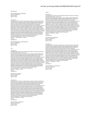 Yao Yao, Ian Kinskey,RobertGill MSDS6372 MLR Project 27
ods graphics off;
data imp75stepwise2; set imp75stepwise;
SalePrice = exp(Predict)-1;
keep id SalePrice;
where id > 1460;
;
ods graphics on;
proc glmselect data=imp752 seed=1 plots(stepAxis=number)=(criterionPanel ASEPlot ASE);
class MSZoning Street LotShape LandContour Utilities LotConfig LandSlope Neighborhood
Condition1 Condition2 BldgType HouseStyle RoofStyle RoofMatl Exterior1st Exterior2nd
MasVnrType ExterQual ExterCond Foundation BsmtQual BsmtCond BsmtExposure
BsmtFinType1 BsmtFinType2 Heating HeatingQC CentralAir Electrical KitchenQual Functional
GarageType GarageFinish GarageQual GarageCond PavedDrive SaleType SaleCondition;
model SalePricel = MSZoning Street LotShape LandContour Utilities LotConfig LandSlope
Neighborhood Condition1 Condition2 BldgType HouseStyle RoofStyle RoofMatl Exterior1st
Exterior2nd MasVnrType ExterQual ExterCond Foundation BsmtQual BsmtCond BsmtExposure
BsmtFinType1 BsmtFinType2 Heating HeatingQC CentralAir Electrical KitchenQual Functional
GarageType GarageFinish GarageQual GarageCond PavedDrive SaleType SaleCondition
MSSubClassl LotFrontagel LotAreal OverallQuall OverallCondl YearBuiltl YearRemodAddl
BsmtUnfSFl TotalBsmtSFl X1stFlrSFl GrLivArealFullBathl BedroomAbvGrl KitchenAbvGrl
TotRmsAbvGrdl GarageYrBltl GarageCarsl GarageArealMoSoldl YrSoldl /
selection=STEPWISE(choose=CV stop=AIC) CVdetails showpvalues;
output out = imp75stepwiseCV p = Predict;
run; quit;
ods graphics off;
data imp75stepwiseCV2; set imp75stepwiseCV;
SalePrice = exp(Predict)-1;
keep id SalePrice;
where id > 1460;
;
*LAR;
ods graphics on;
proc glmselect data=imp752 seed=1 plots(stepAxis=number)=(criterionPanel ASEPlot ASE);
partition fraction(validate = 0.3 test = 0.2);
class MSZoning Street LotShape LandContour Utilities LotConfig LandSlope Neighborhood
Condition1 Condition2 BldgType HouseStyle RoofStyle RoofMatl Exterior1st Exterior2nd
MasVnrType ExterQual ExterCond Foundation BsmtQual BsmtCond BsmtExposure
BsmtFinType1 BsmtFinType2 Heating HeatingQC CentralAir Electrical KitchenQual Functional
GarageType GarageFinish GarageQual GarageCond PavedDrive SaleType SaleCondition;
model SalePricel = MSZoning Street LotShape LandContour Utilities LotConfig LandSlope
Neighborhood Condition1 Condition2 BldgType HouseStyle RoofStyle RoofMatl Exterior1st
Exterior2nd MasVnrType ExterQual ExterCond Foundation BsmtQual BsmtCond BsmtExposure
BsmtFinType1 BsmtFinType2 Heating HeatingQC CentralAir Electrical KitchenQual Functional
GarageType GarageFinish GarageQual GarageCond PavedDrive SaleType SaleCondition
MSSubClassl LotFrontagel LotAreal OverallQuall OverallCondl YearBuiltl YearRemodAddl
BsmtUnfSFl TotalBsmtSFl X1stFlrSFl GrLivArealFullBathl BedroomAbvGrl KitchenAbvGrl
TotRmsAbvGrdl GarageYrBltl GarageCarsl GarageArealMoSoldl YrSoldl /
selection=LAR(choose=CV stop=AIC) CVdetails showpvalues;
output out = imp75lar p = Predict;
run; quit;
ods graphics off;
data imp75lar2; set imp75lar;
SalePrice = exp(Predict)-1;
keep id SalePrice;
where id > 1460;
;
ods graphics on;
proc glmselect data=imp752 seed=1 plots(stepAxis=number)=(criterionPanel ASEPlot ASE);
class MSZoning Street LotShape LandContour Utilities LotConfig LandSlope Neighborhood
Condition1 Condition2 BldgType HouseStyle RoofStyle RoofMatl Exterior1st Exterior2nd
MasVnrType ExterQual ExterCond Foundation BsmtQual BsmtCond BsmtExposure
BsmtFinType1 BsmtFinType2 Heating HeatingQC CentralAir Electrical KitchenQual Functional
GarageType GarageFinish GarageQual GarageCond PavedDrive SaleType SaleCondition;
model SalePricel = MSZoning Street LotShape LandContour Utilities LotConfig LandSlope
Neighborhood Condition1 Condition2 BldgType HouseStyle RoofStyle RoofMatl Exterior1st
Exterior2nd MasVnrType ExterQual ExterCond Foundation BsmtQual BsmtCond BsmtExposure
BsmtFinType1 BsmtFinType2 Heating HeatingQC CentralAir Electrical KitchenQual Functional
GarageType GarageFinish GarageQual GarageCond PavedDrive SaleType SaleCondition
MSSubClassl LotFrontagel LotAreal OverallQuall OverallCondl YearBuiltl YearRemodAddl
BsmtUnfSFl TotalBsmtSFl X1stFlrSFl GrLivArealFullBathl BedroomAbvGrl KitchenAbvGrl
TotRmsAbvGrdl GarageYrBltl GarageCarsl GarageArealMoSoldl YrSoldl /
selection=LAR(choose=CV stop=AIC) CVdetails showpvalues;
output out = imp75larCV p = Predict;
run; quit;
ods graphics off;
data imp75larCV2; set imp75larCV;
SalePrice = exp(Predict)-1;
keep id SalePrice;
where id > 1460;
;
*LASSO;
ods graphics on;
proc glmselect data=imp752 seed=1 plots(stepAxis=number)=(criterionPanel ASEPlot ASE);
partition fraction(validate = 0.3 test = 0.2);
class MSZoning Street LotShape LandContour Utilities LotConfig LandSlope Neighborhood
Condition1 Condition2 BldgType HouseStyle RoofStyle RoofMatl Exterior1st Exterior2nd
MasVnrType ExterQual ExterCond Foundation BsmtQual BsmtCond BsmtExposure
BsmtFinType1 BsmtFinType2 Heating HeatingQC CentralAir Electrical KitchenQual Functional
GarageType GarageFinish GarageQual GarageCond PavedDrive SaleType SaleCondition;
model SalePricel = MSZoning Street LotShape LandContour Utilities LotConfig LandSlope
Neighborhood Condition1 Condition2 BldgType HouseStyle RoofStyle RoofMatl Exterior1st
Exterior2nd MasVnrType ExterQual ExterCond Foundation BsmtQual BsmtCond BsmtExposure
BsmtFinType1 BsmtFinType2 Heating HeatingQC CentralAir Electrical KitchenQual Functional
GarageType GarageFinish GarageQual GarageCond PavedDrive SaleType SaleCondition
MSSubClassl LotFrontagel LotAreal OverallQuall OverallCondl YearBuiltl YearRemodAddl
BsmtUnfSFl TotalBsmtSFl X1stFlrSFl GrLivArealFullBathl BedroomAbvGrl KitchenAbvGrl
TotRmsAbvGrdl GarageYrBltl GarageCarsl GarageArealMoSoldl YrSoldl /
selection=LASSO(choose=CV stop=AIC) CVdetails showpvalues;
output out = imp75lasso p = Predict;
run; quit;
ods graphics off;
data imp75lasso2; set imp75lasso;
SalePrice = exp(Predict)-1;
keep id SalePrice;
where id > 1460;
;
ods graphics on;
proc glmselect data=imp752 seed=1 plots(stepAxis=number)=(criterionPanel ASEPlot ASE);
class MSZoning Street LotShape LandContour Utilities LotConfig LandSlope Neighborhood
Condition1 Condition2 BldgType HouseStyle RoofStyle RoofMatl Exterior1st Exterior2nd
MasVnrType ExterQual ExterCond Foundation BsmtQual BsmtCond BsmtExposure
BsmtFinType1 BsmtFinType2 Heating HeatingQC CentralAir Electrical KitchenQual Functional
GarageType GarageFinish GarageQual GarageCond PavedDrive SaleType SaleCondition;
model SalePricel = MSZoning Street LotShape LandContour Utilities LotConfig LandSlope
Neighborhood Condition1 Condition2 BldgType HouseStyle RoofStyle RoofMatl Exterior1st
Exterior2nd MasVnrType ExterQual ExterCond Foundation BsmtQual BsmtCond BsmtExposure
BsmtFinType1 BsmtFinType2 Heating HeatingQC CentralAir Electrical KitchenQual Functional
GarageType GarageFinish GarageQual GarageCond PavedDrive SaleType SaleCondition
MSSubClassl LotFrontagel LotAreal OverallQuall OverallCondl YearBuiltl YearRemodAddl
BsmtUnfSFl TotalBsmtSFl X1stFlrSFl GrLivArealFullBathl BedroomAbvGrl KitchenAbvGrl
TotRmsAbvGrdl GarageYrBltl GarageCarsl GarageArealMoSoldl YrSoldl /
selection=LASSO(choose=CV stop=AIC) CVdetails showpvalues;
output out = imp75lassoCV p = Predict;
run; quit;
ods graphics off;
data imp75lassoCV2; set imp75lassoCV;
SalePrice = exp(Predict)-1;
keep id SalePrice;
where id > 1460;
;
 