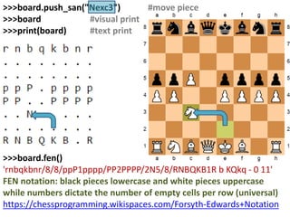 >>>board.push_san("Nexc3") #move piece
>>>board #visual print
>>>print(board) #text print
>>>board.fen()
'rnbqkbnr/8/8/ppP1pppp/PP2PPPP/2N5/8/RNBQKB1R b KQkq - 0 11'
FEN notation: black pieces lowercase and white pieces uppercase
while numbers dictate the number of empty cells per row (universal)
https://chessprogramming.wikispaces.com/Forsyth-Edwards+Notation
 