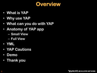Overview What is YAPWhy use YAPWhat can you do with YAPAnatomy of YAP appSmall ViewFull ViewYMLYAP CautionsDemoThank you2