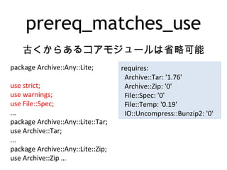 prereq_matches_use
古くからあるコアモジュールは省略可能
package Archive::Any::Lite;
use strict;
use warnings;
use File::Spec;
...
package Archive::Any::Lite::Tar;
use Archive::Tar;
...
package Archive::Any::Lite::Zip;
use Archive::Zip …
requires:
Archive::Tar: '1.76'
Archive::Zip: '0'
File::Spec: '0'
File::Temp: '0.19'
IO::Uncompress::Bunzip2: '0'
 