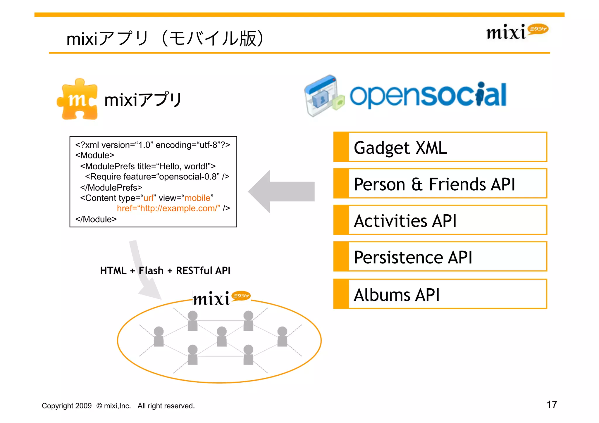mixi


                  mixi                    	

          <?xml version=“1.0” encoding=“utf-8”?>
          <Module>                                  Gadget XML
           <ModulePrefs title=“Hello, world!”>
            <Require feature=“opensocial-0.8” />
           </ModulePrefs>                           Person & Friends API
           <Content type=“url” view=“mobile”
                    href=“http://example.com/” />
          </Module>
                                                    Activities API

                                                    Persistence API
                 HTML + Flash + RESTful API

                                                    Albums API




Copyright 2009 © mixi,Inc. All right reserved.                             17
 